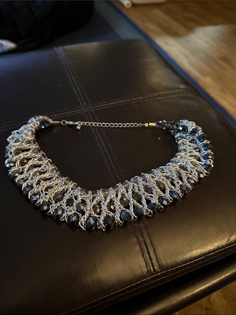 Silver and Black Braided Crystal Collar Necklace - Women Jewelry